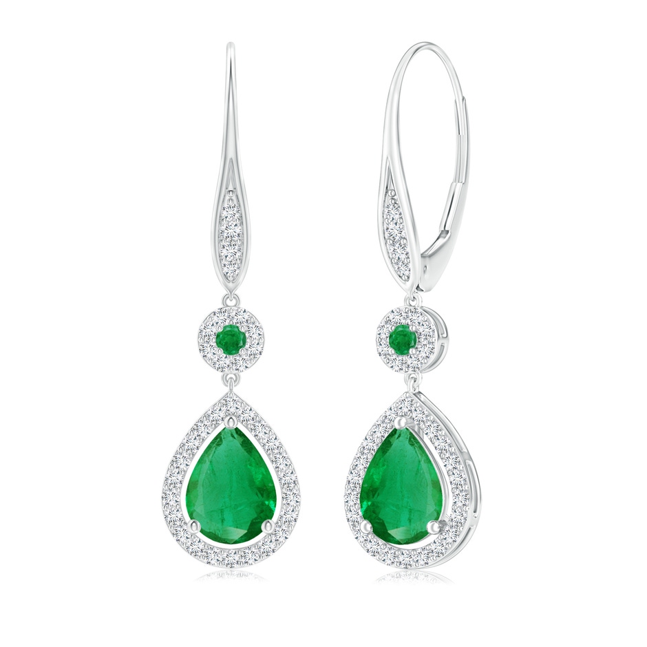 8x6mm AA Round and Pear Emerald Halo Leverback Earrings in White Gold 