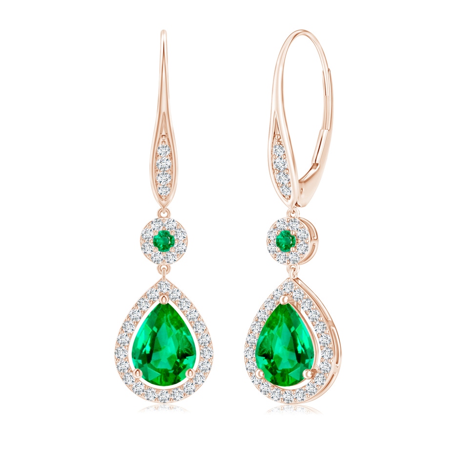 8x6mm AAA Round and Pear Emerald Halo Leverback Earrings in Rose Gold 