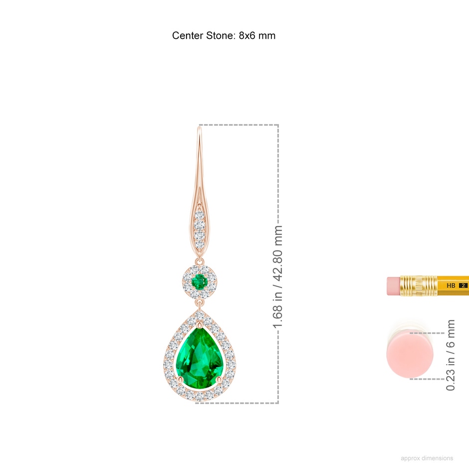 8x6mm AAA Round and Pear Emerald Halo Leverback Earrings in Rose Gold ruler