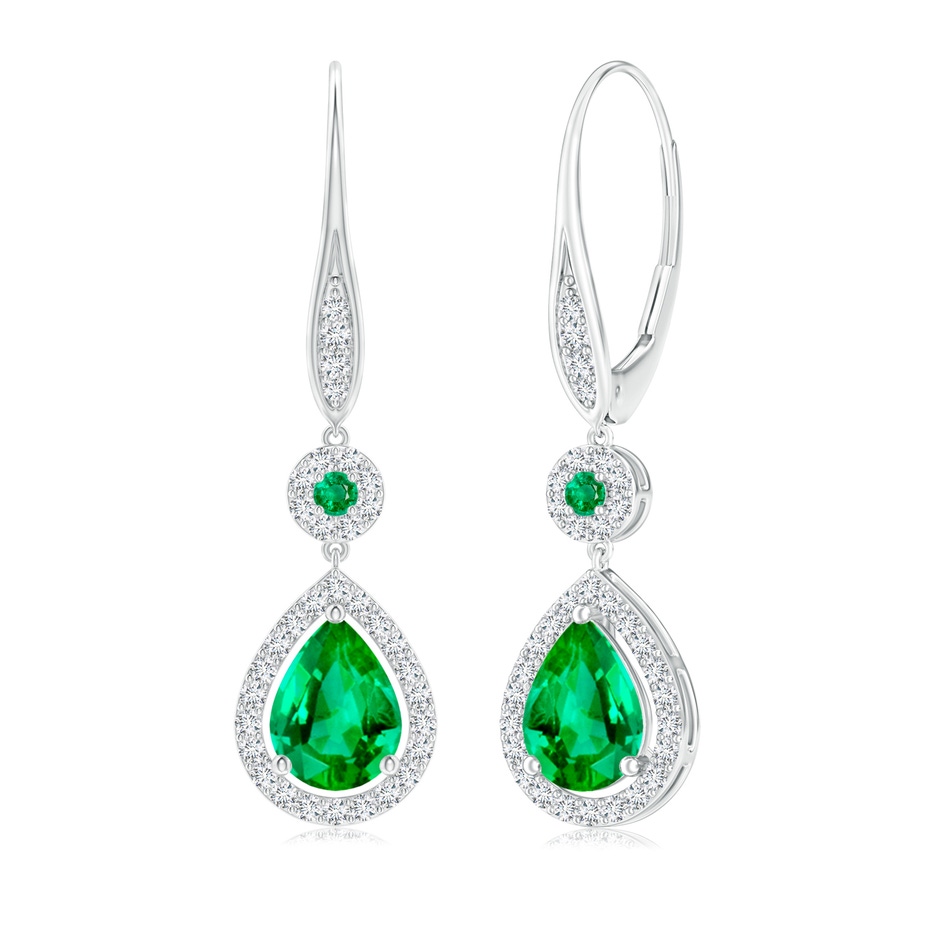 8x6mm AAA Round and Pear Emerald Halo Leverback Earrings in White Gold 