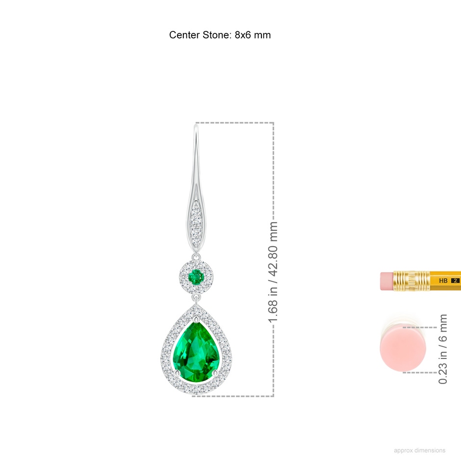 8x6mm AAA Round and Pear Emerald Halo Leverback Earrings in White Gold ruler