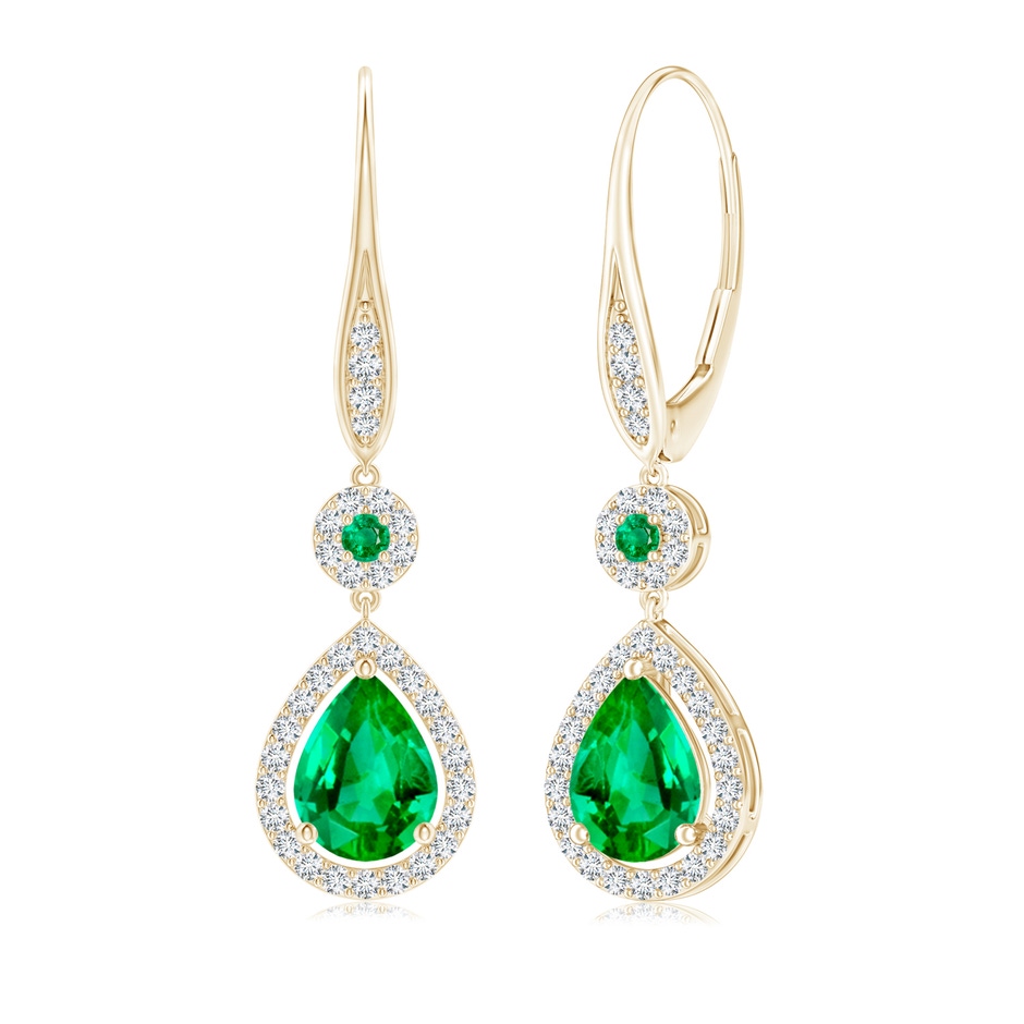 8x6mm AAA Round and Pear Emerald Halo Leverback Earrings in Yellow Gold 