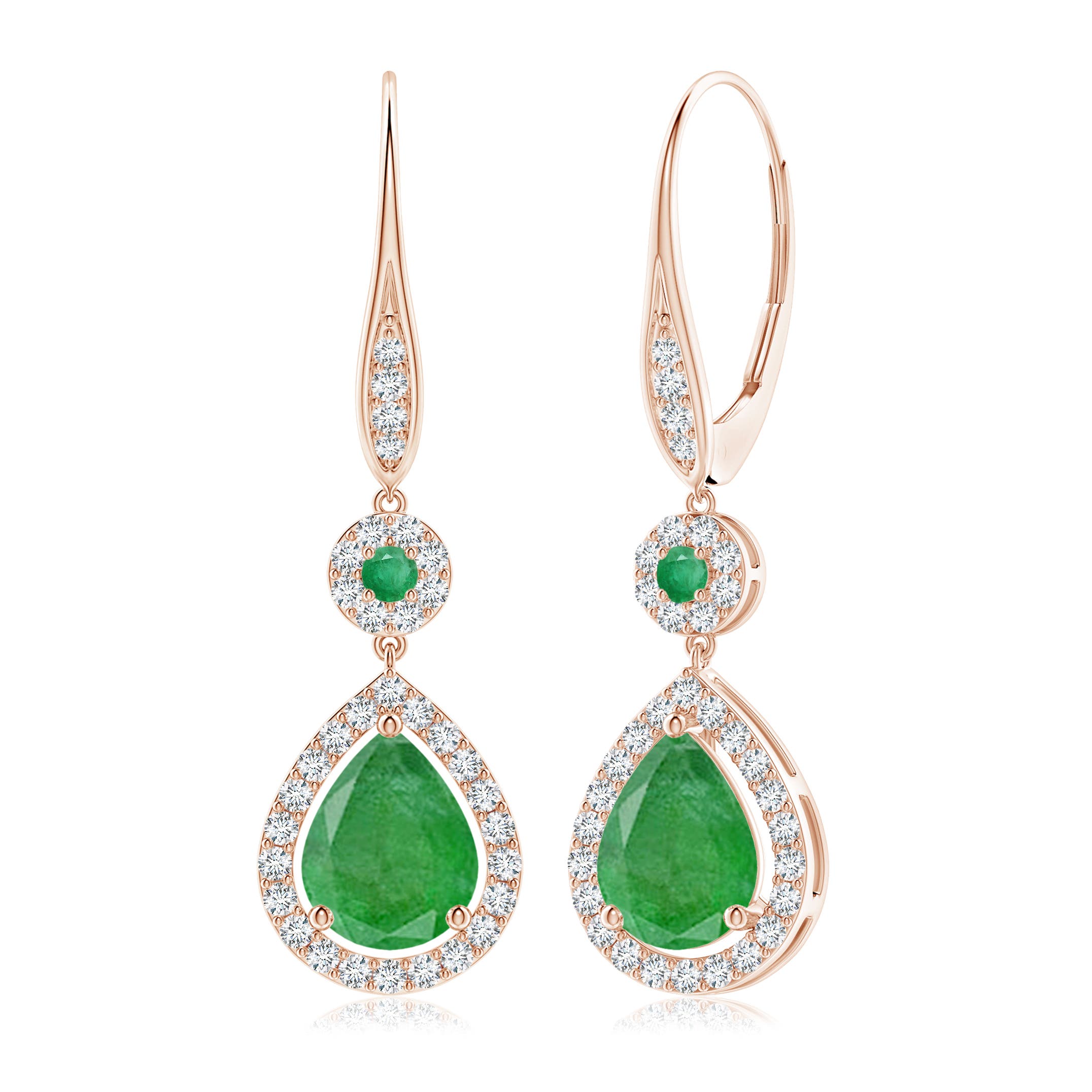 9x7mm A Round and Pear Emerald Halo Leverback Earrings in 18K Rose Gold