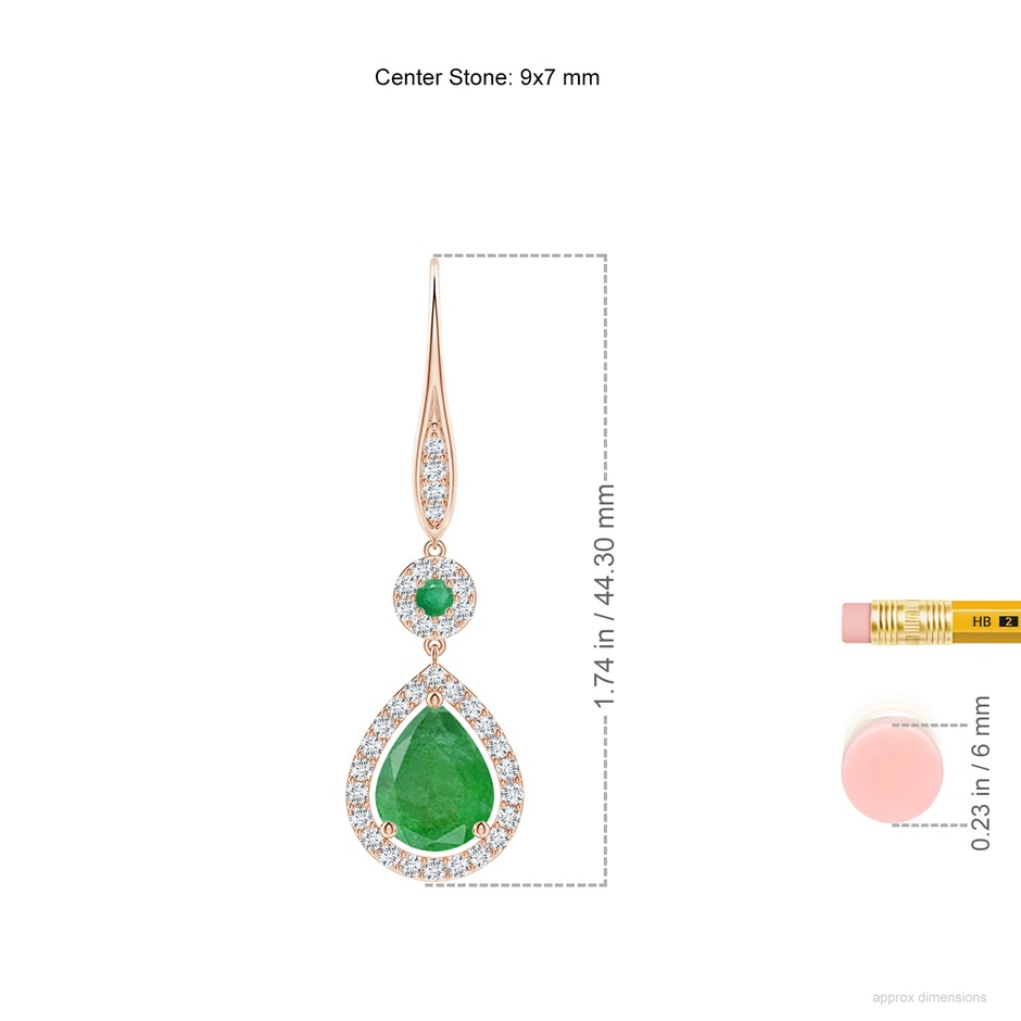 9x7mm A Round and Pear Emerald Halo Leverback Earrings in 18K Rose Gold ruler