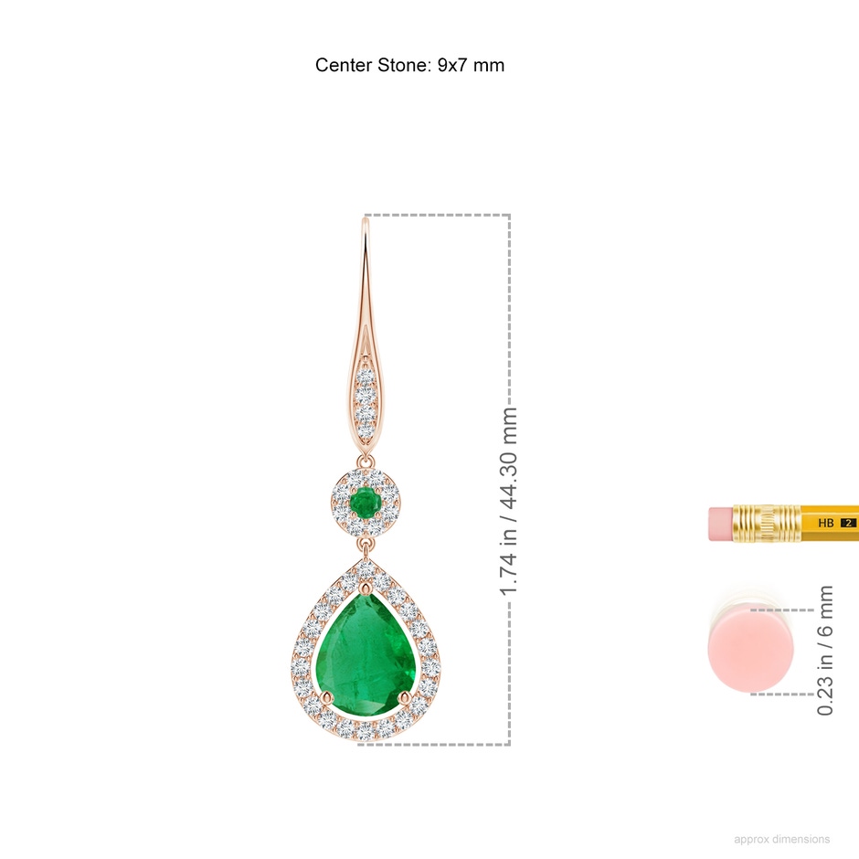 9x7mm AA Round and Pear Emerald Halo Leverback Earrings in 18K Rose Gold ruler