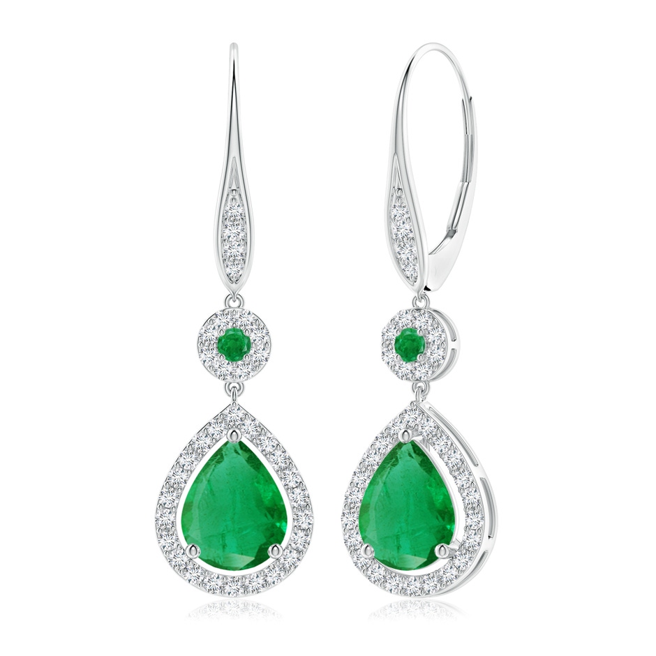 9x7mm AA Round and Pear Emerald Halo Leverback Earrings in White Gold 