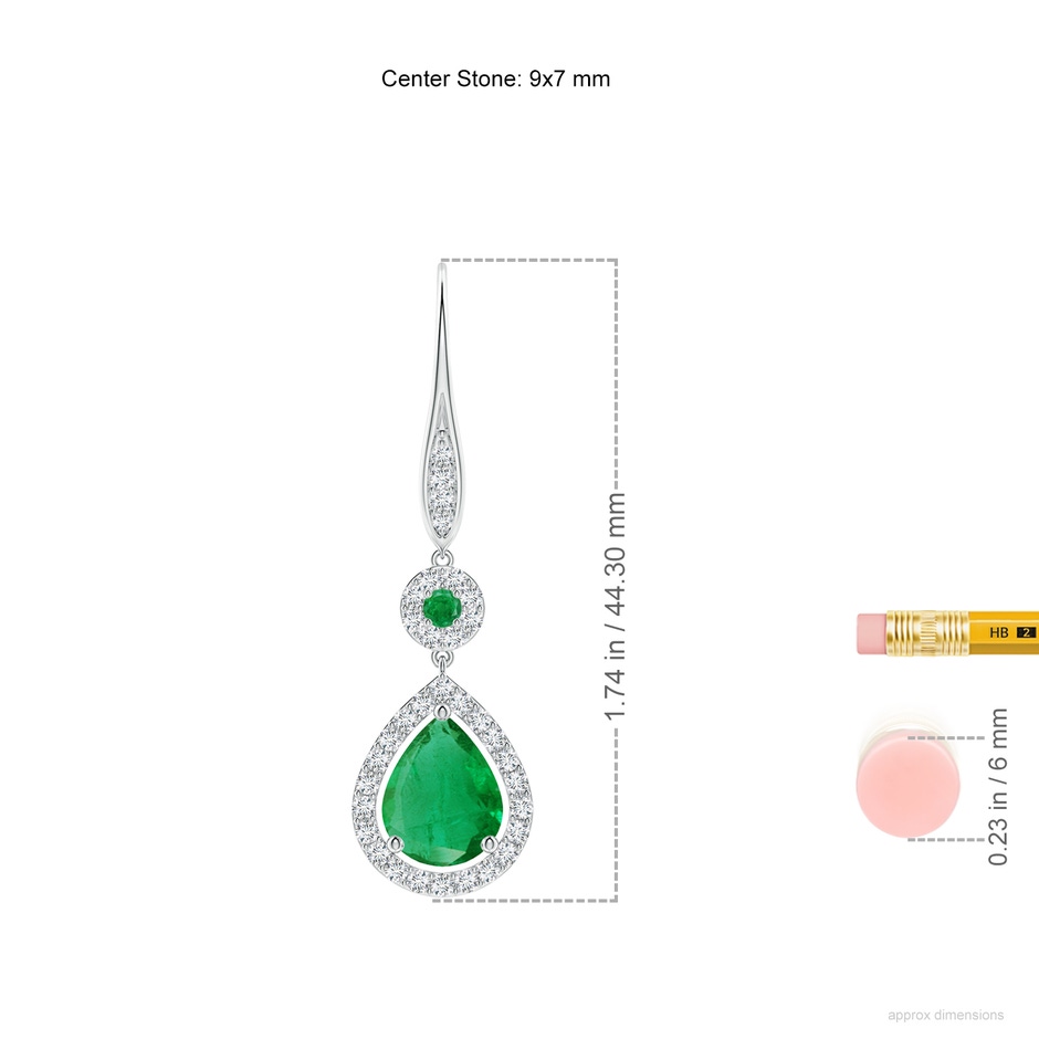 9x7mm AA Round and Pear Emerald Halo Leverback Earrings in White Gold ruler
