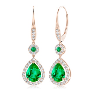 9x7mm AAA Round and Pear Emerald Halo Leverback Earrings in 9K Rose Gold