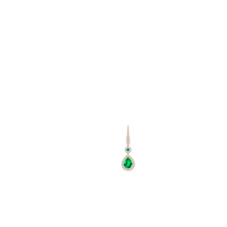9x7mm AAA Round and Pear Emerald Halo Leverback Earrings in Rose Gold ear