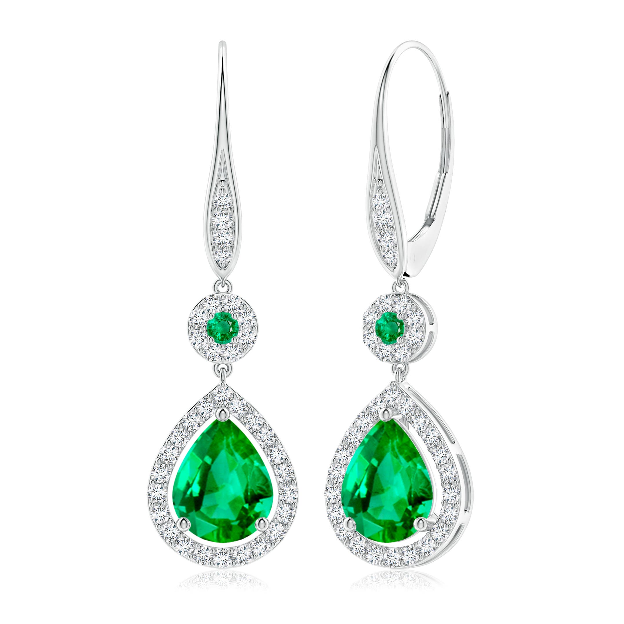 9x7mm AAA Round and Pear Emerald Halo Leverback Earrings in White Gold