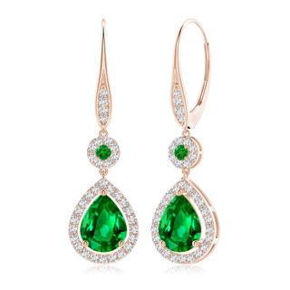 9x7mm AAAA Round and Pear Emerald Halo Leverback Earrings in 10K Rose Gold