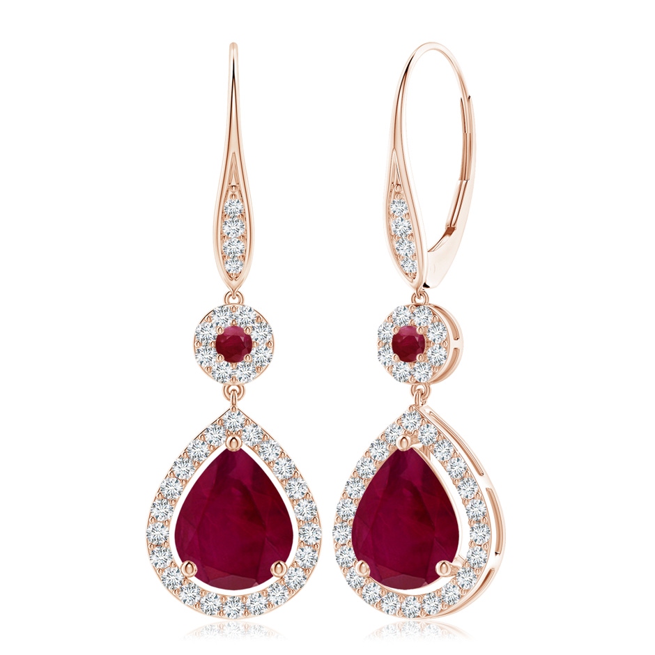 10x8mm A Round and Pear Ruby Halo Leverback Earrings in 18K Rose Gold 