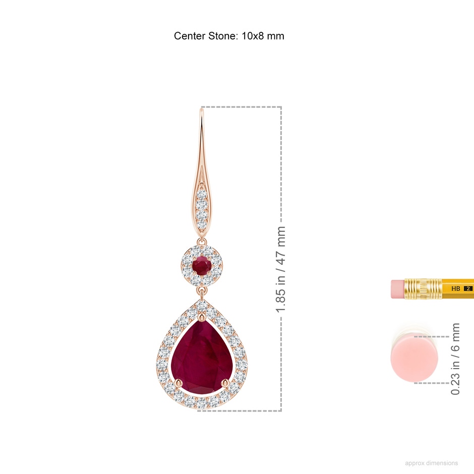 10x8mm A Round and Pear Ruby Halo Leverback Earrings in 18K Rose Gold ruler