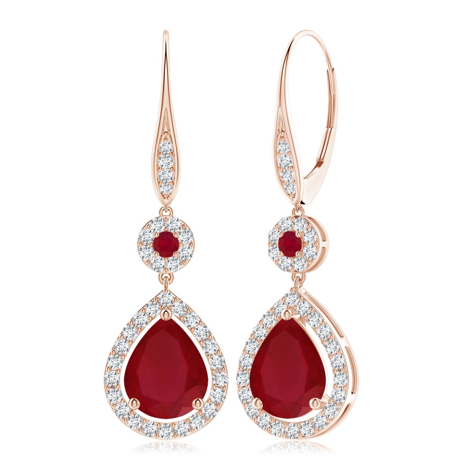 10x8mm AA Round and Pear Ruby Halo Leverback Earrings in Rose Gold 