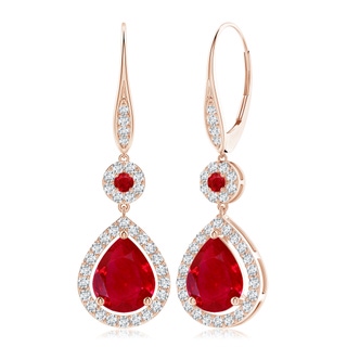 10x8mm AAA Round and Pear Ruby Halo Leverback Earrings in 18K Rose Gold