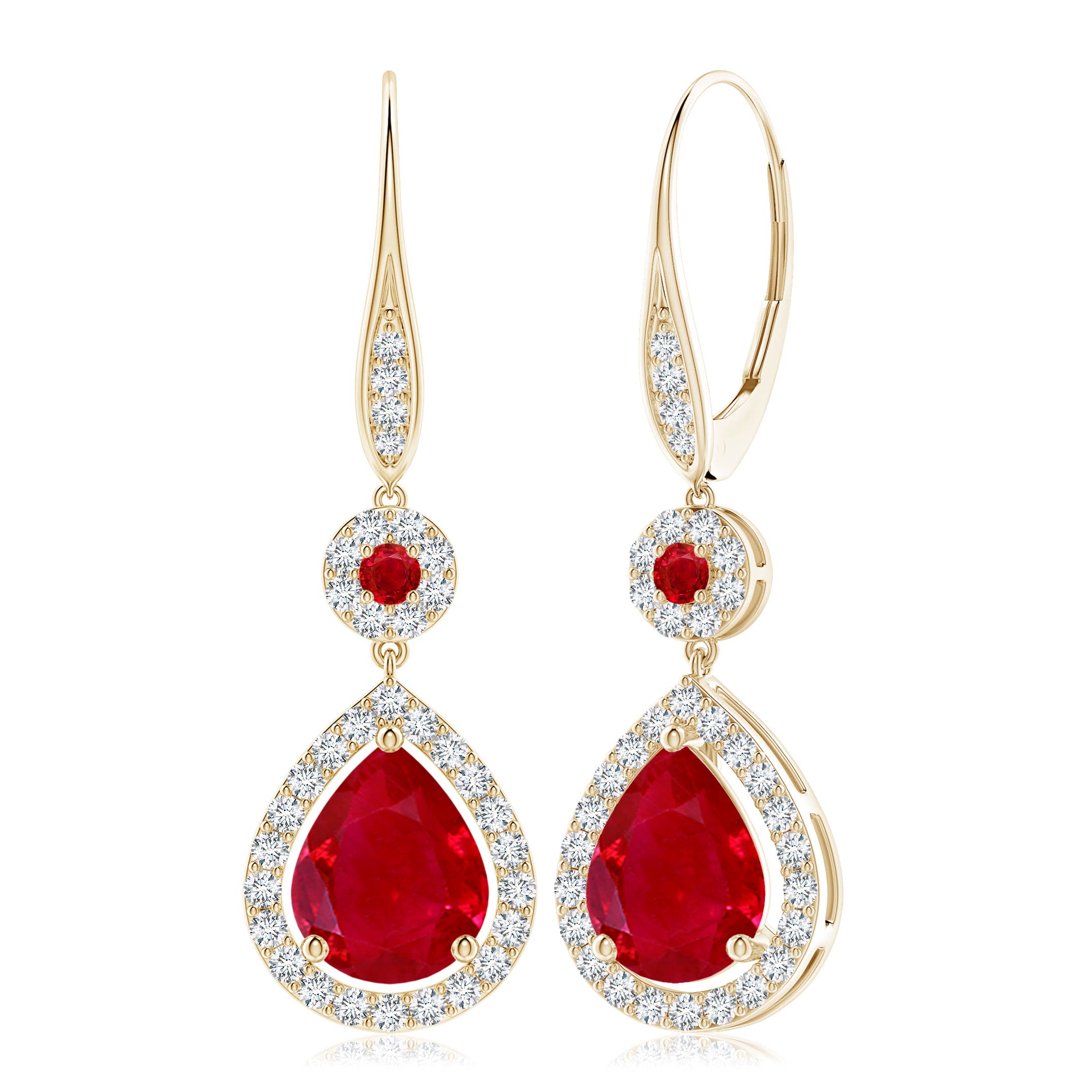 Angara 6.5 CTW Round and Pear Ruby Halo Leverback Earrings in 18K Yellow Gold