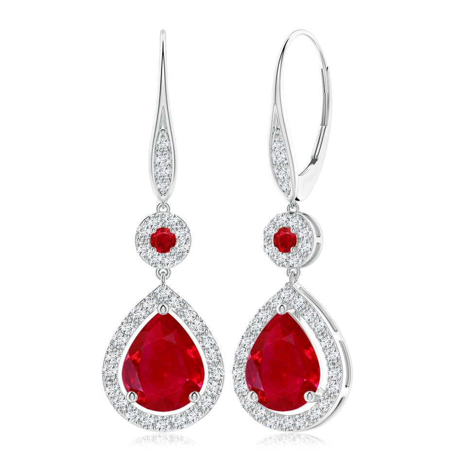 10x8mm AAA Round and Pear Ruby Halo Leverback Earrings in White Gold 
