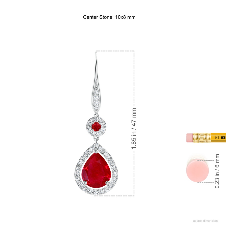 10x8mm AAA Round and Pear Ruby Halo Leverback Earrings in White Gold ruler