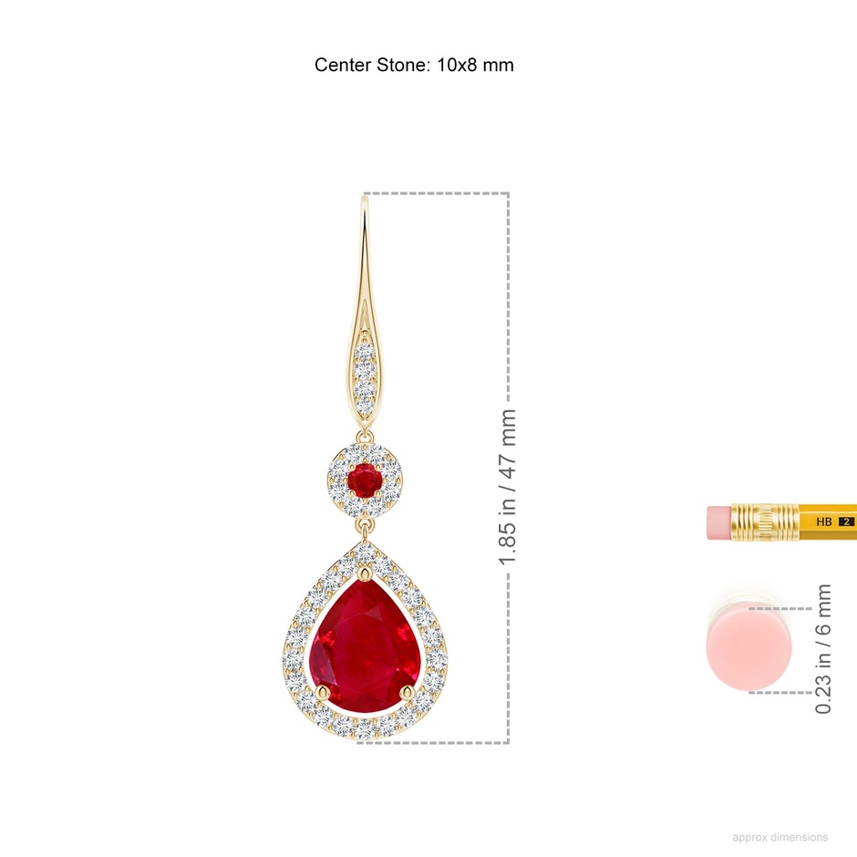 10x8mm AAA Round and Pear Ruby Halo Leverback Earrings in Yellow Gold ruler