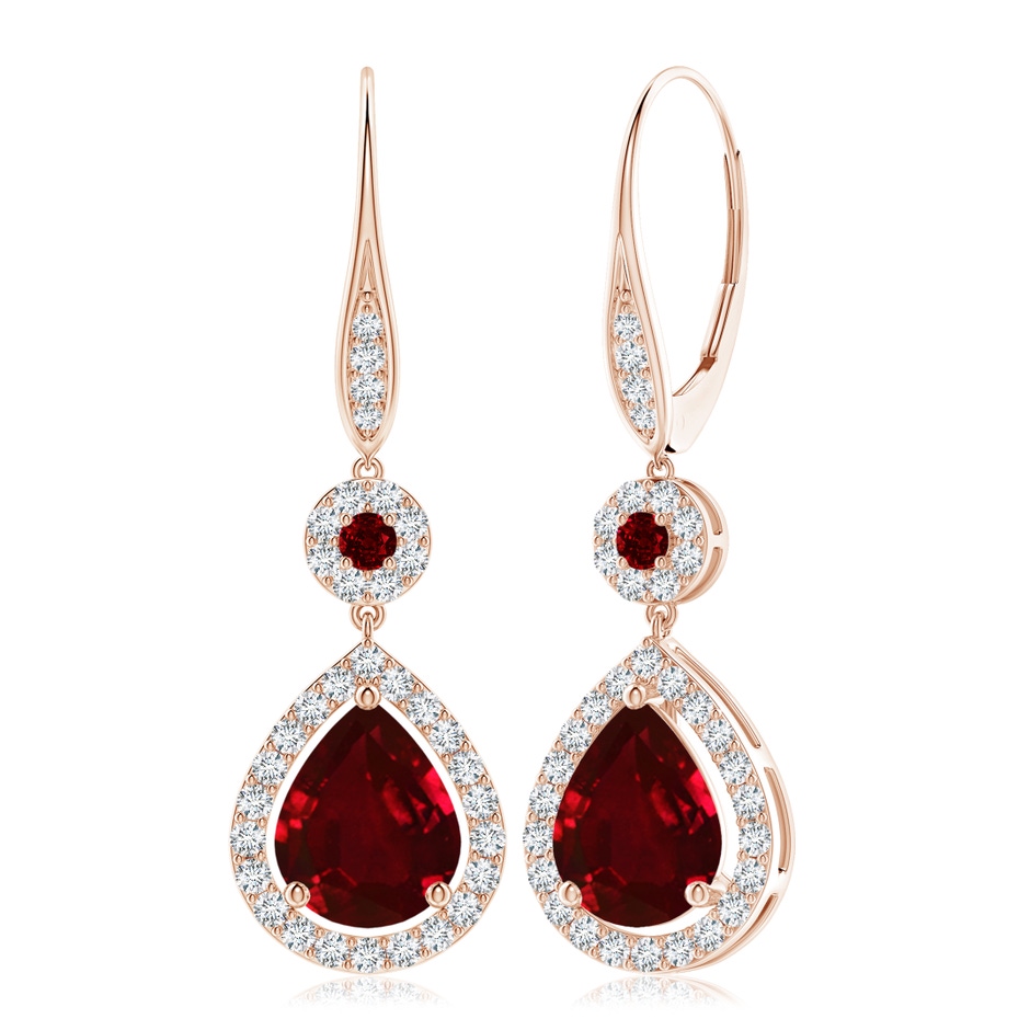 10x8mm AAAA Round and Pear Ruby Halo Leverback Earrings in Rose Gold 