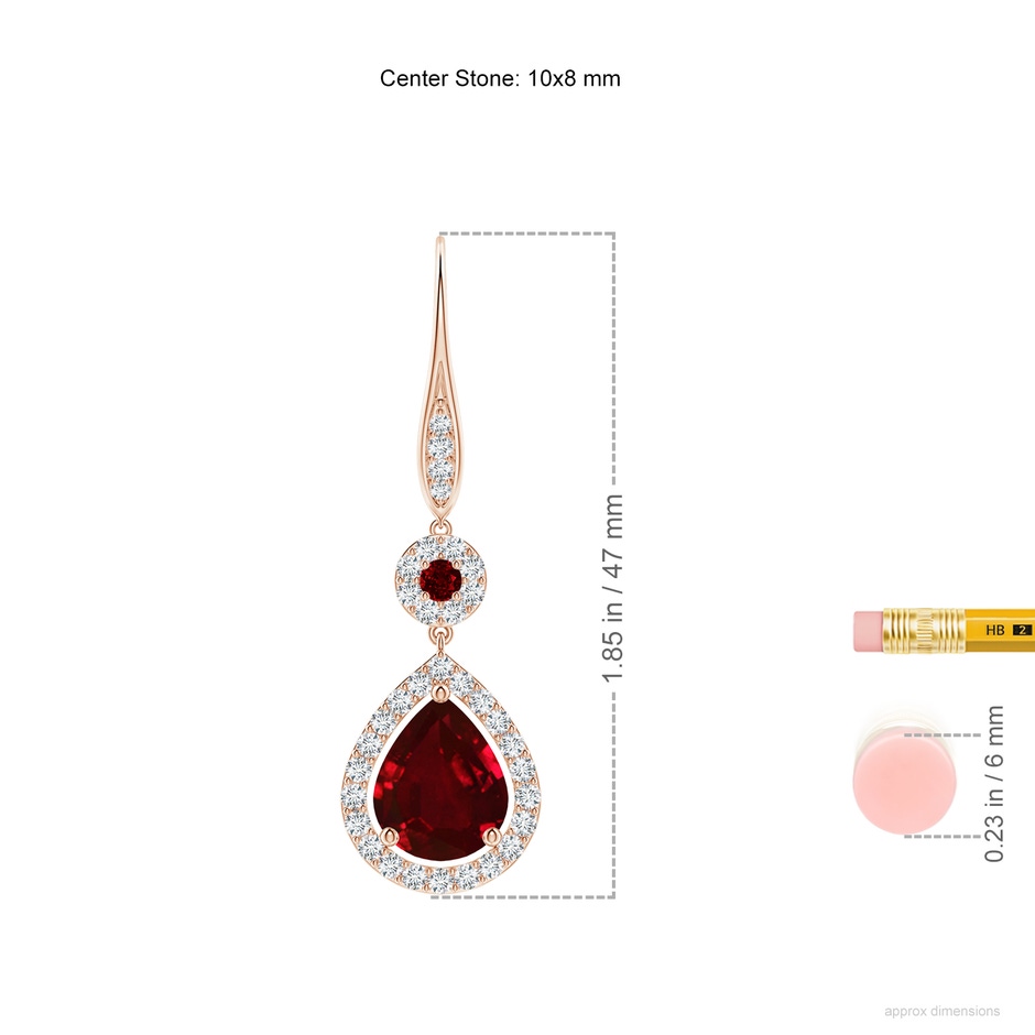 10x8mm AAAA Round and Pear Ruby Halo Leverback Earrings in Rose Gold ruler