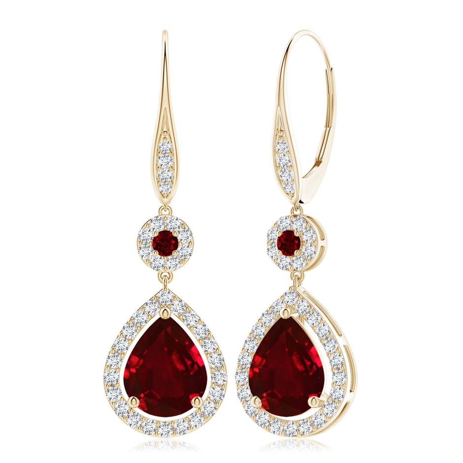 10x8mm AAAA Round and Pear Ruby Halo Leverback Earrings in Yellow Gold 