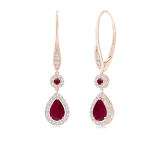 6x4mm A Round and Pear Ruby Halo Leverback Earrings in 10K Rose Gold