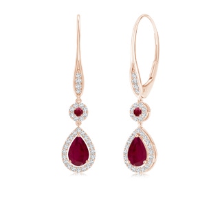 6x4mm A Round and Pear Ruby Halo Leverback Earrings in Rose Gold
