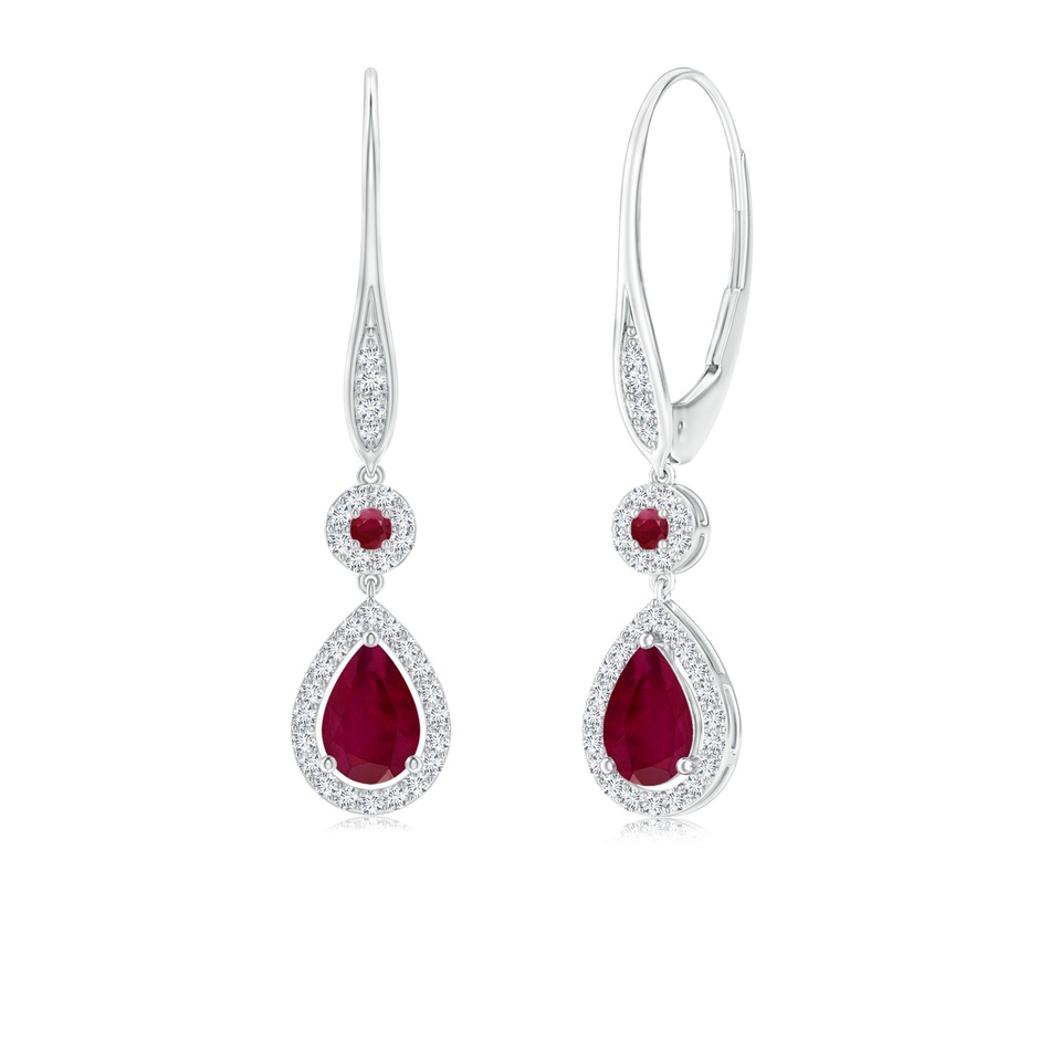 6x4mm A Round and Pear Ruby Halo Leverback Earrings in White Gold 