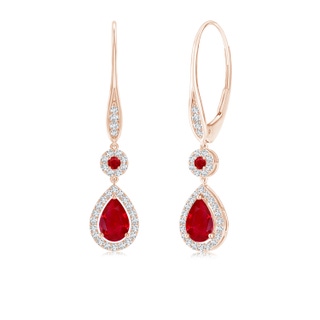 6x4mm AAA Round and Pear Ruby Halo Leverback Earrings in 10K Rose Gold