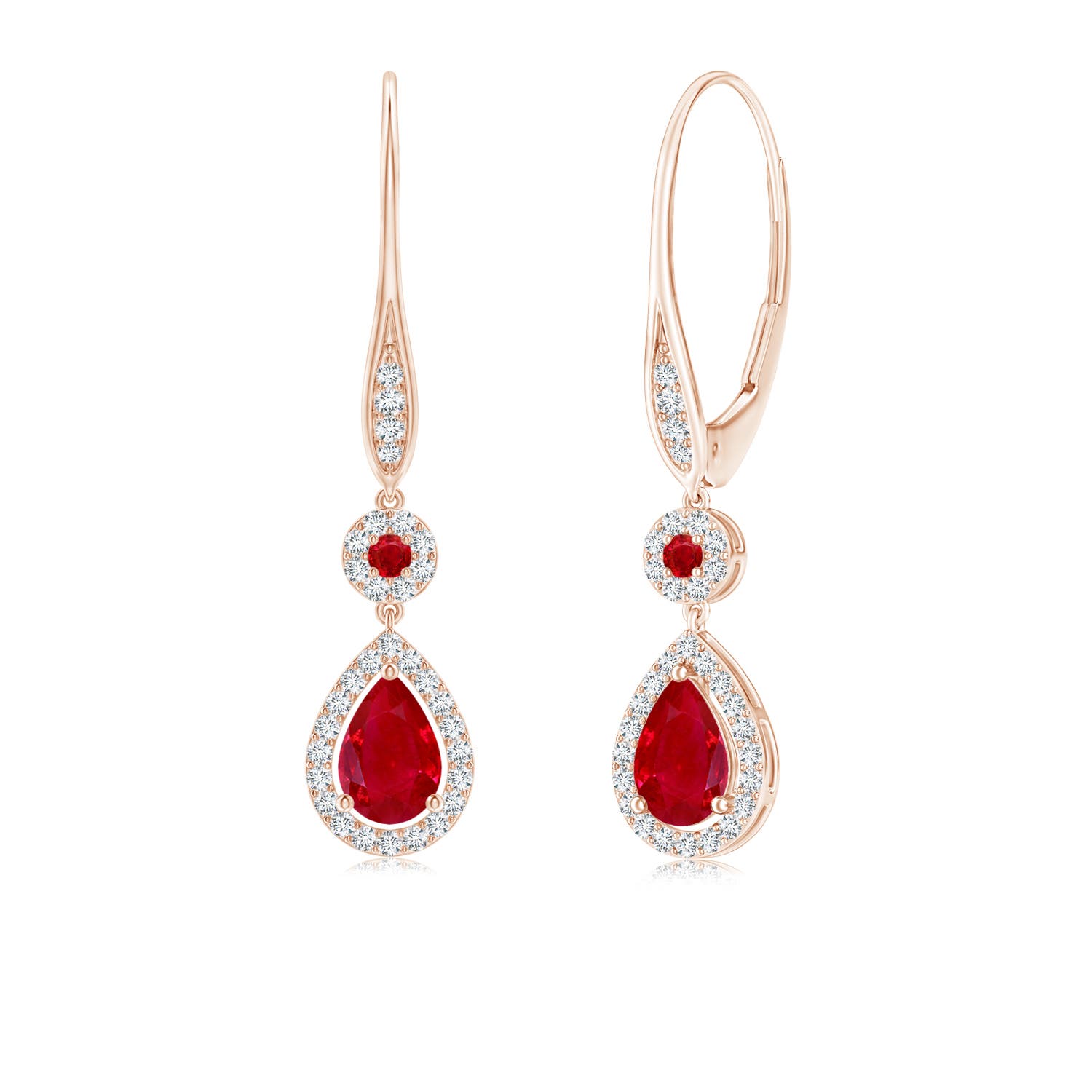 6x4mm AAA Round and Pear Ruby Halo Leverback Earrings in 18K Rose Gold