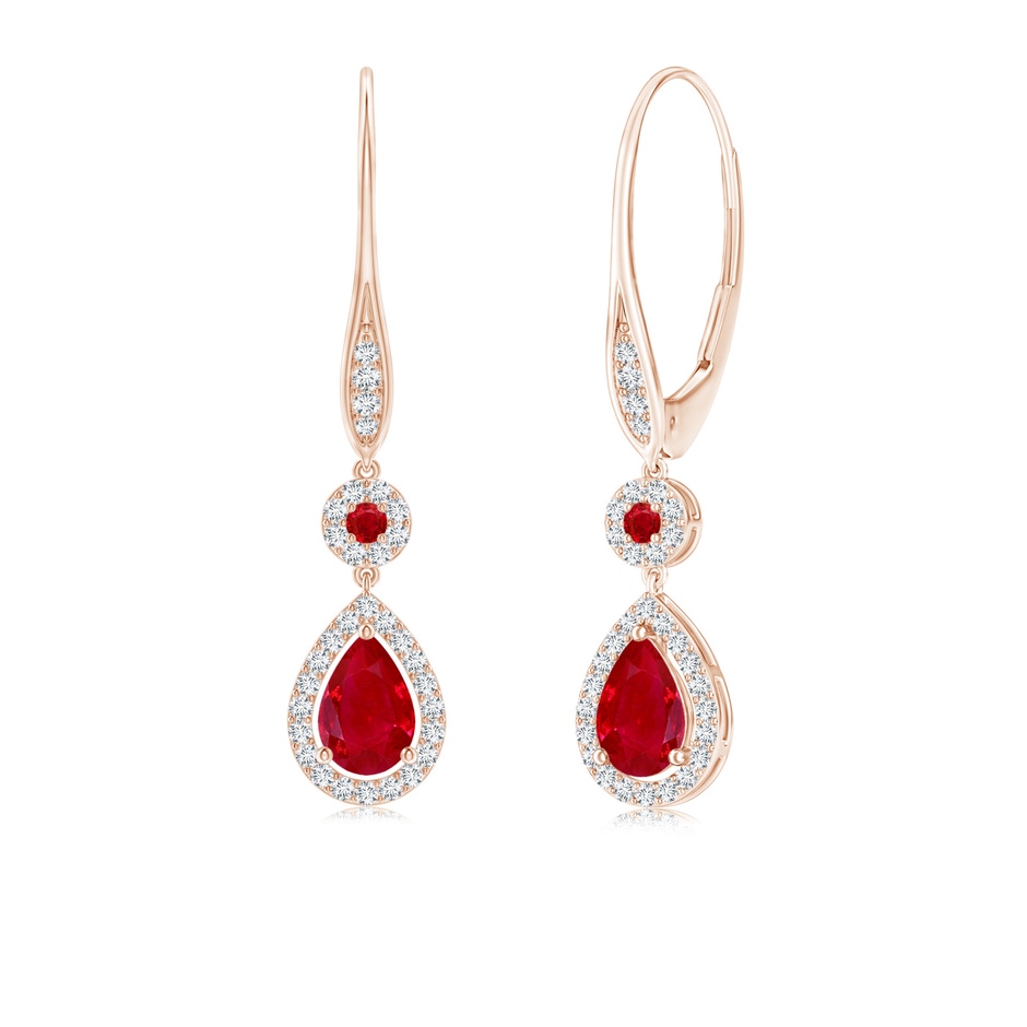 6x4mm AAA Round and Pear Ruby Halo Leverback Earrings in 18K Rose Gold 