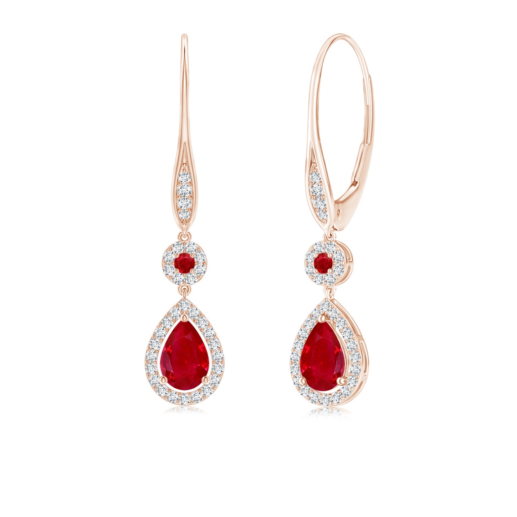6x4mm AAA Round and Pear Ruby Halo Leverback Earrings in Rose Gold 