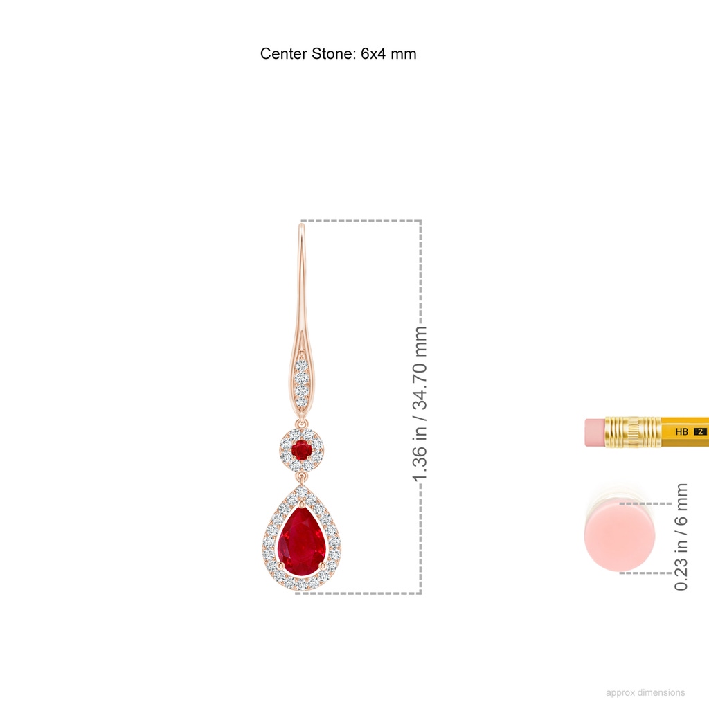 6x4mm AAA Round and Pear Ruby Halo Leverback Earrings in Rose Gold ruler