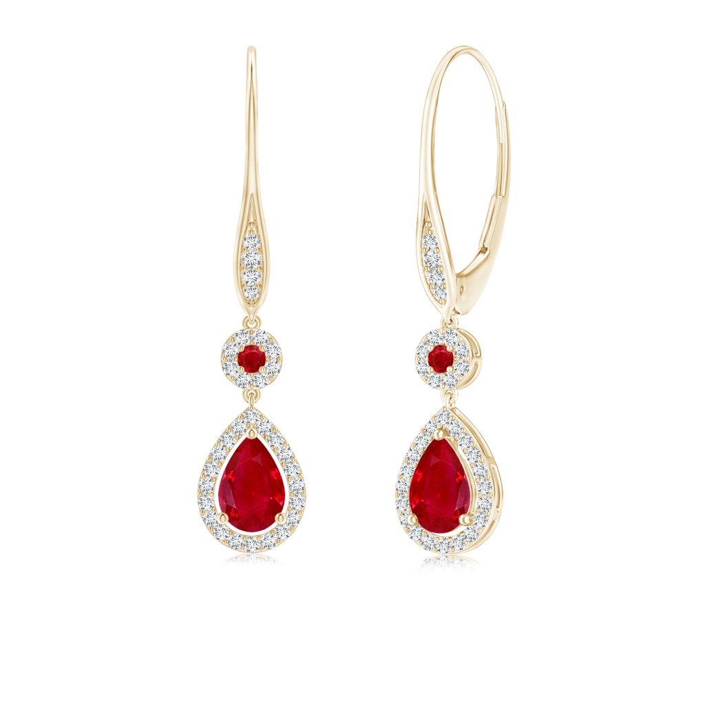 6x4mm AAA Round and Pear Ruby Halo Leverback Earrings in Yellow Gold