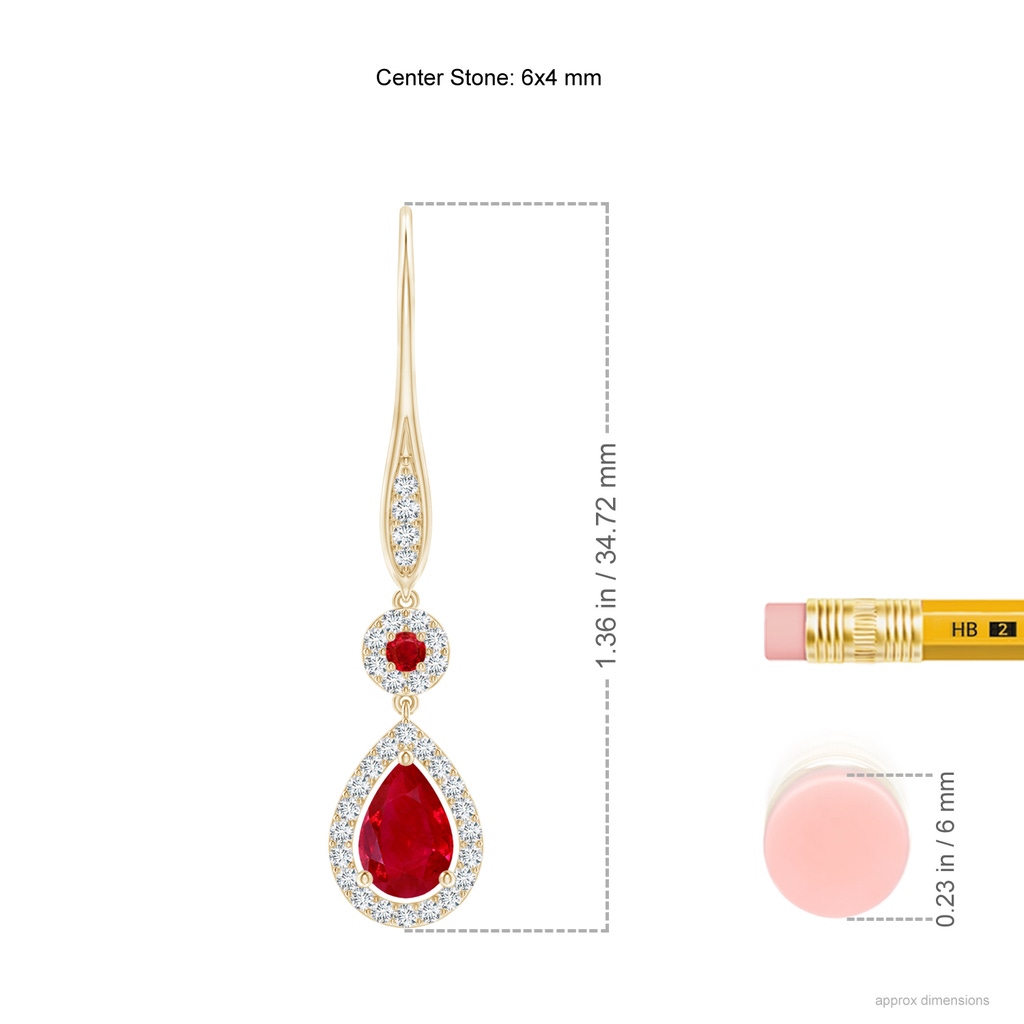 6x4mm AAA Round and Pear Ruby Halo Leverback Earrings in Yellow Gold Ruler