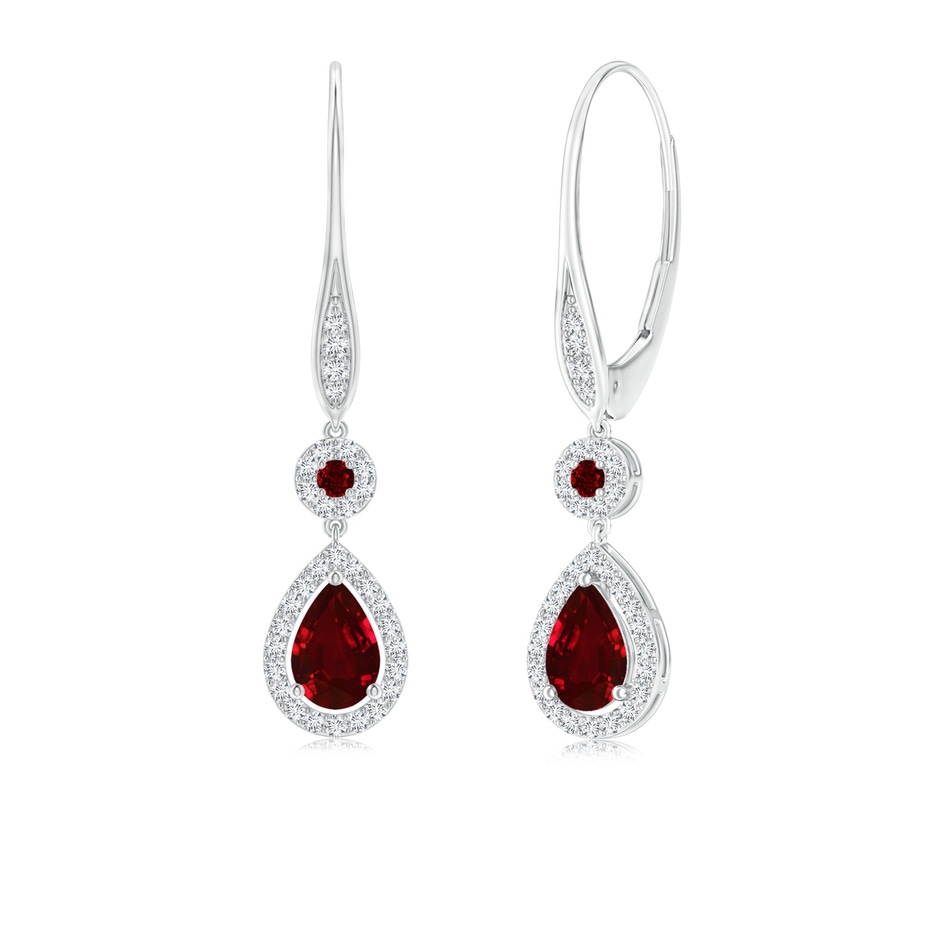 6x4mm AAAA Round and Pear Ruby Halo Leverback Earrings in 18K White Gold 