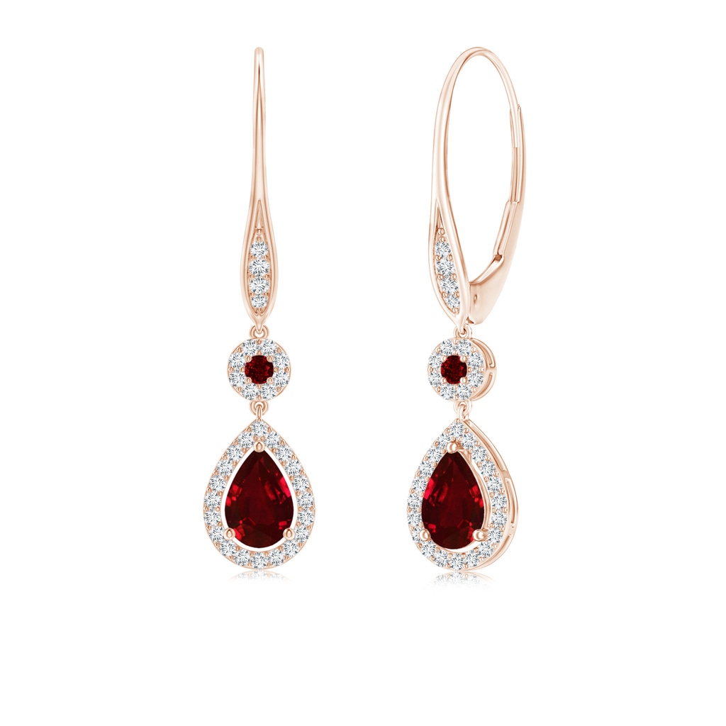 6x4mm AAAA Round and Pear Ruby Halo Leverback Earrings in Rose Gold