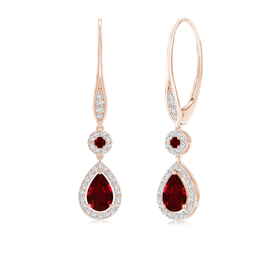 6x4mm AAAA Round and Pear Ruby Halo Leverback Earrings in Rose Gold 