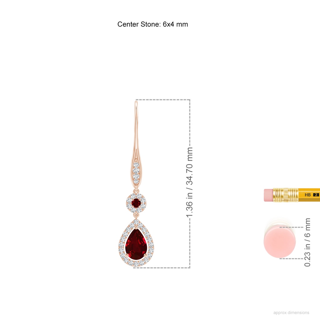 6x4mm AAAA Round and Pear Ruby Halo Leverback Earrings in Rose Gold ruler