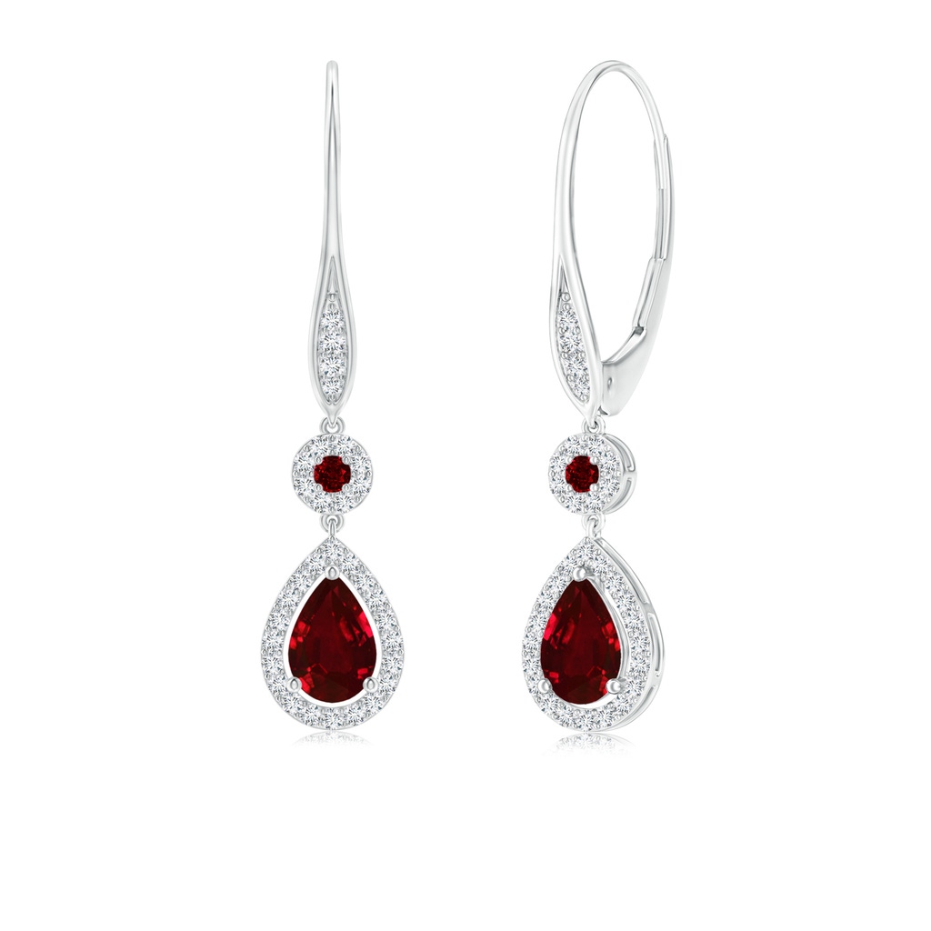 6x4mm AAAA Round and Pear Ruby Halo Leverback Earrings in White Gold