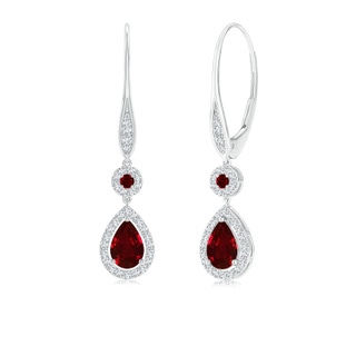 6x4mm AAAA Round and Pear Ruby Halo Leverback Earrings in White Gold