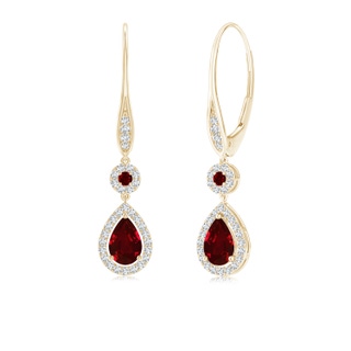6x4mm AAAA Round and Pear Ruby Halo Leverback Earrings in Yellow Gold
