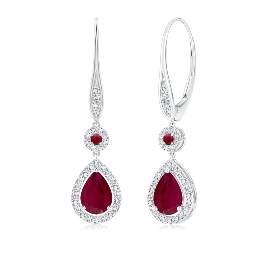 7x5mm A Round and Pear Ruby Halo Leverback Earrings in White Gold 