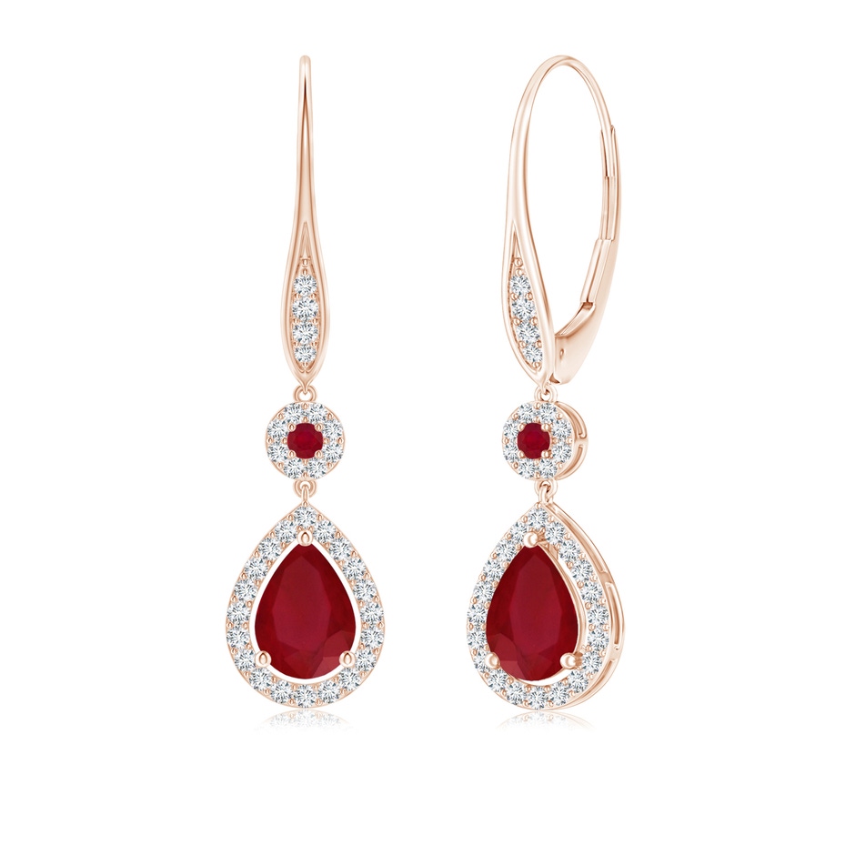 7x5mm AA Round and Pear Ruby Halo Leverback Earrings in Rose Gold 