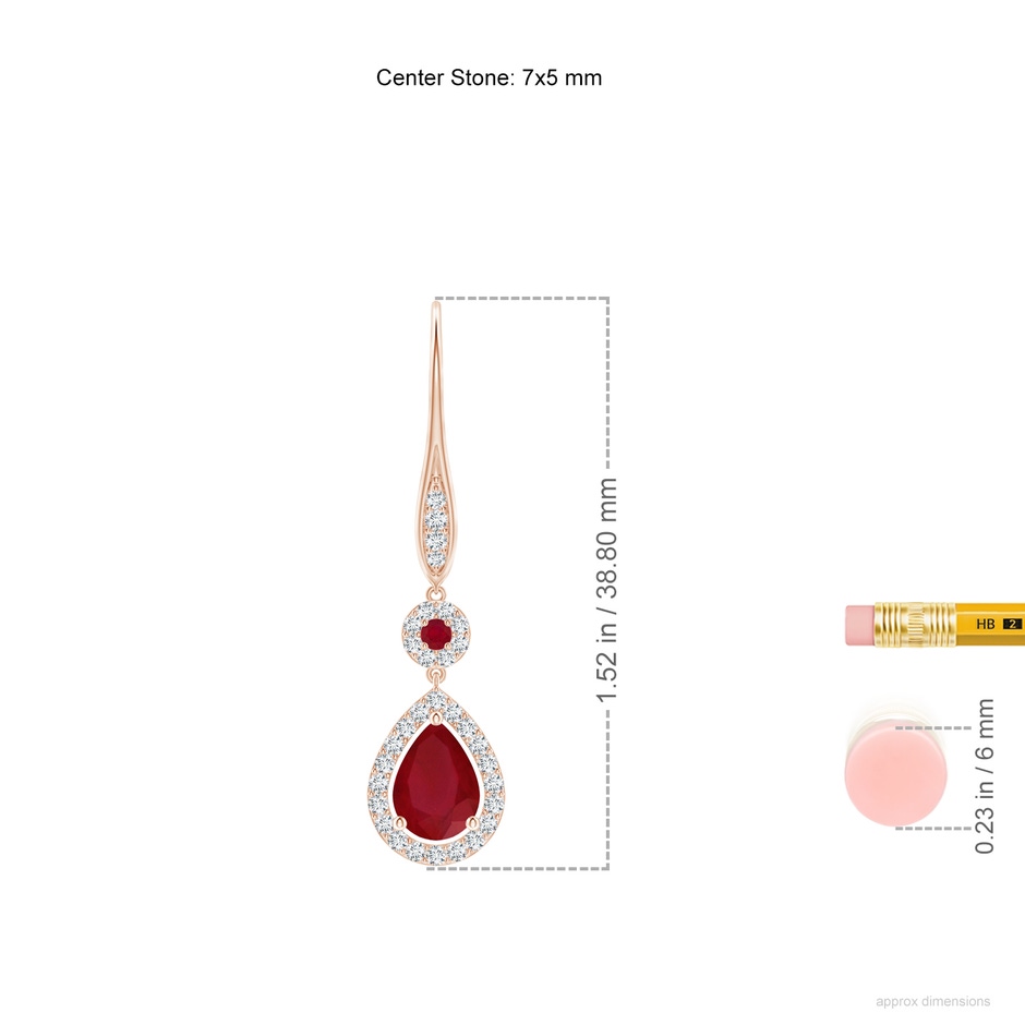 7x5mm AA Round and Pear Ruby Halo Leverback Earrings in Rose Gold ruler