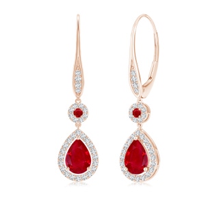 7x5mm AAA Round and Pear Ruby Halo Leverback Earrings in 18K Rose Gold