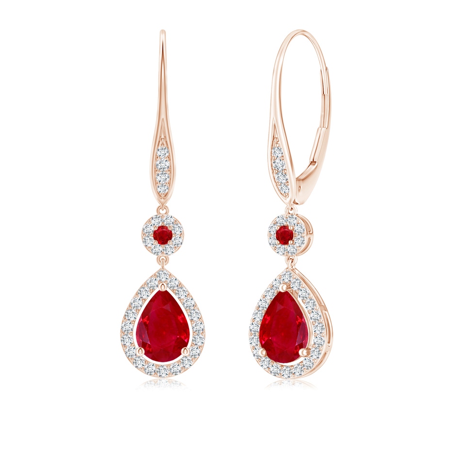 7x5mm AAA Round and Pear Ruby Halo Leverback Earrings in 18K Rose Gold 