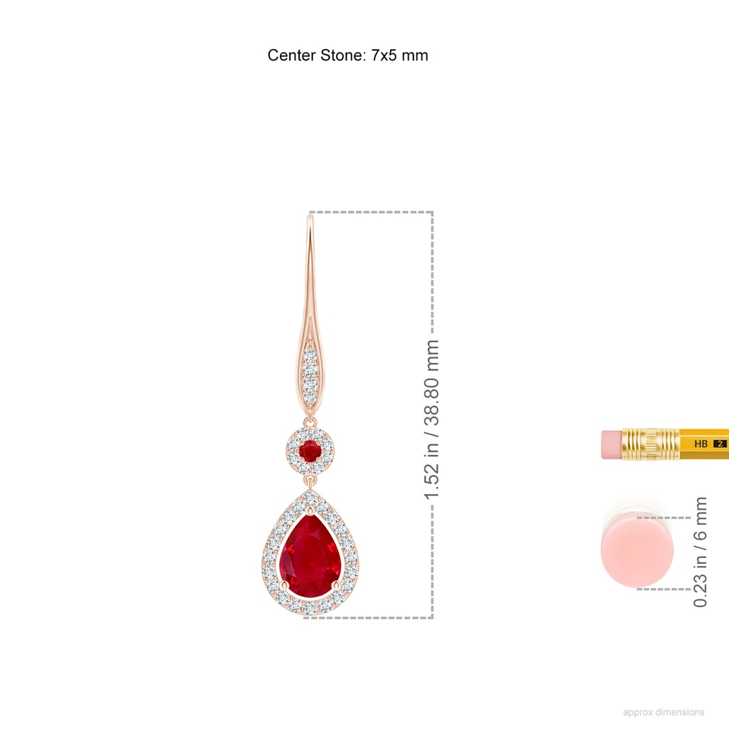 7x5mm AAA Round and Pear Ruby Halo Leverback Earrings in Rose Gold ruler
