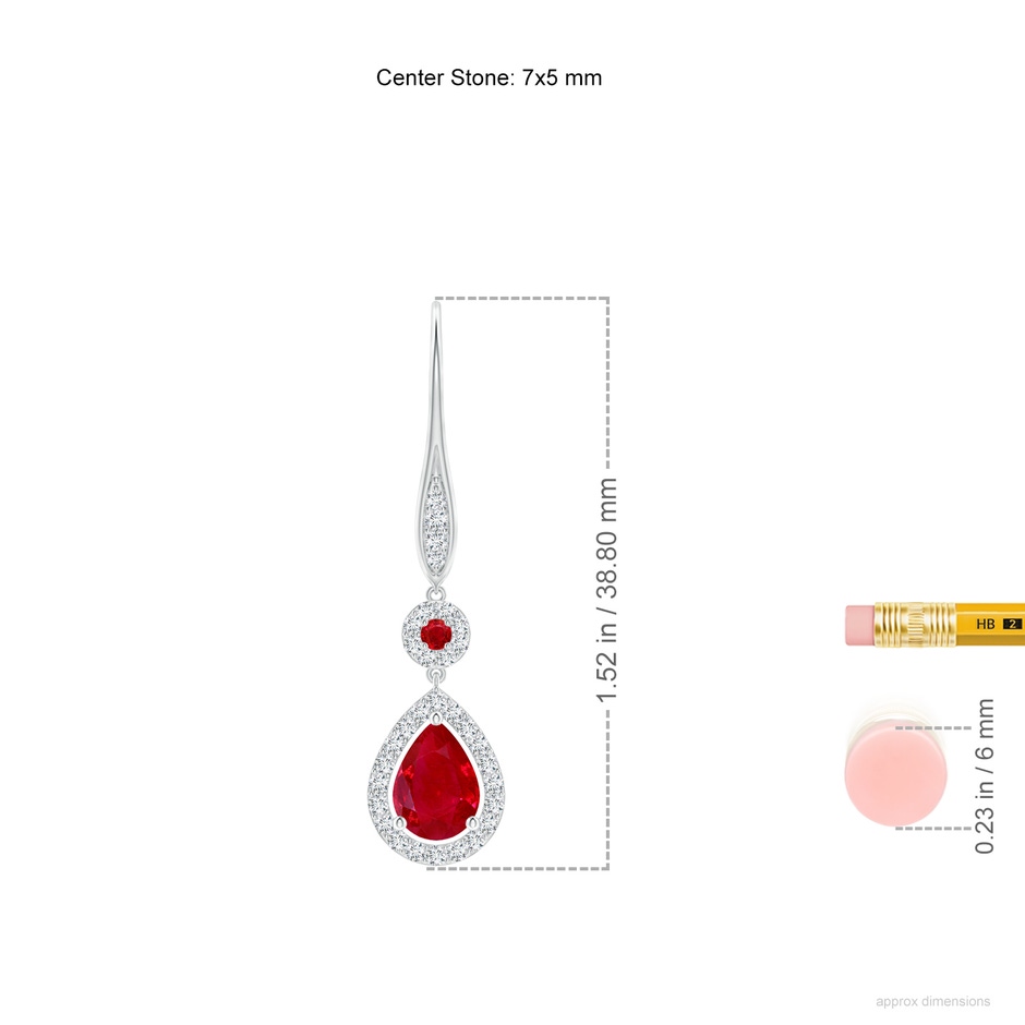 7x5mm AAA Round and Pear Ruby Halo Leverback Earrings in White Gold ruler